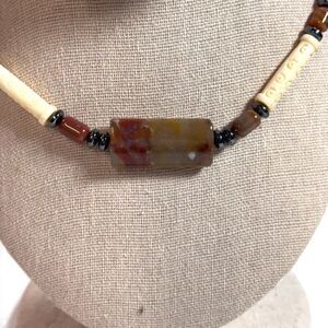 Handcrafted Beaded Necklace Jasper Stone Centerpiece Carved Bone Accents 16"